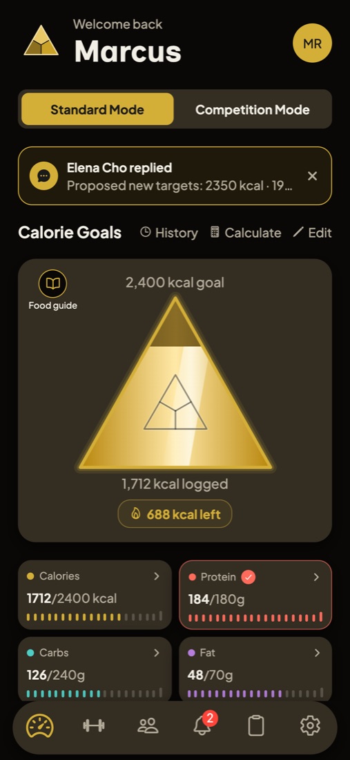 The Gold App calorie and macro dashboard